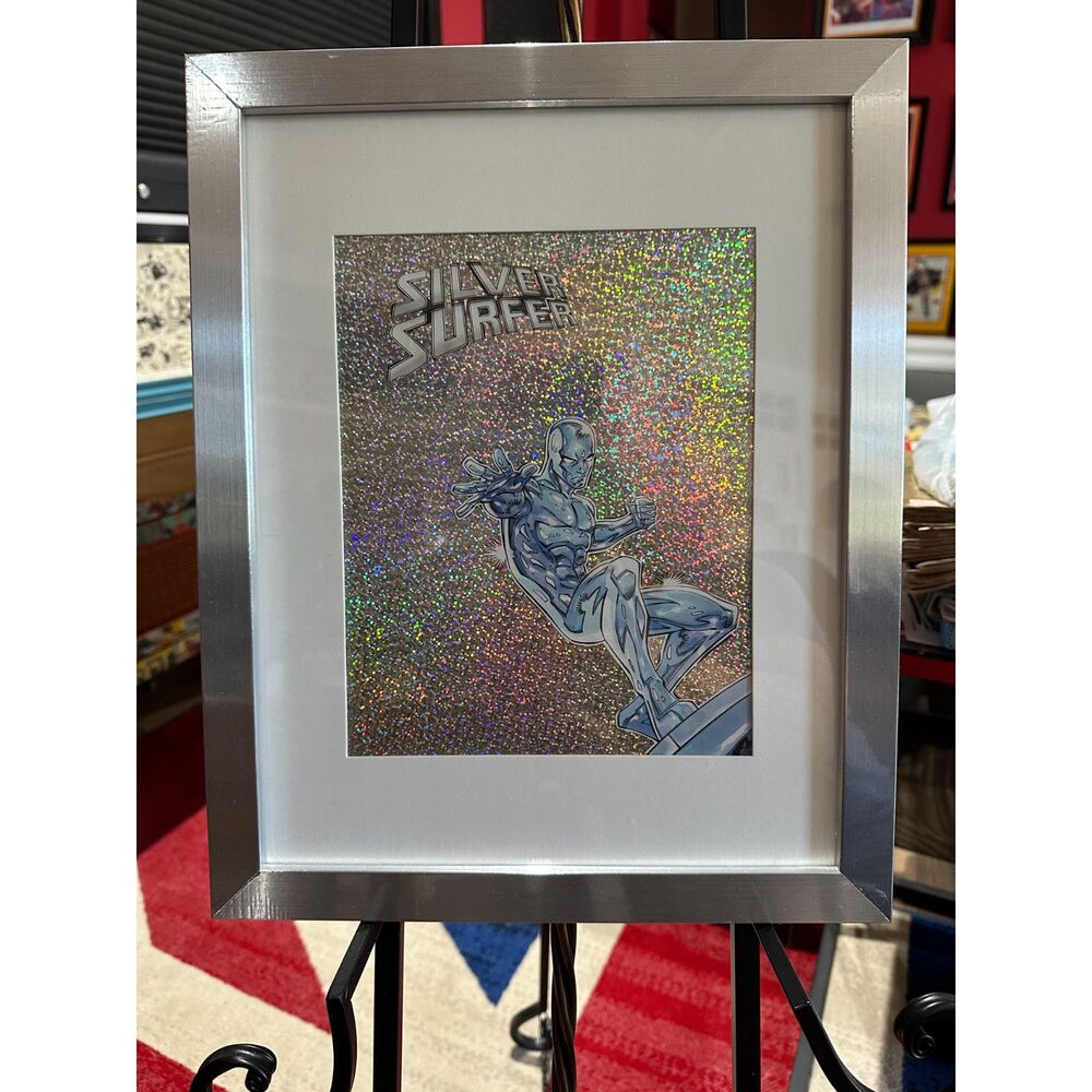 Silver Surfer Pop Art Handmade Mixed Media Holographic Glitter Framed Comic Art